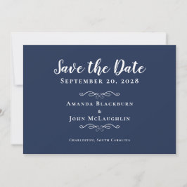 Elegante Navy Blue Delicate Romantische Kalligraph Save The Date