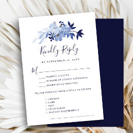 Elegante Navy Blue Floral Foliage Moderne Hochzeit RSVP Karte