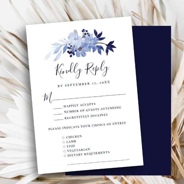 Elegante Navy Blue Floral Foliage Moderne Hochzeit RSVP Karte (Von Creator hochgeladen)