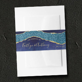 Elegante Navy Blue & Gold Agate Hochzeitseinladung Einladungsbanderole