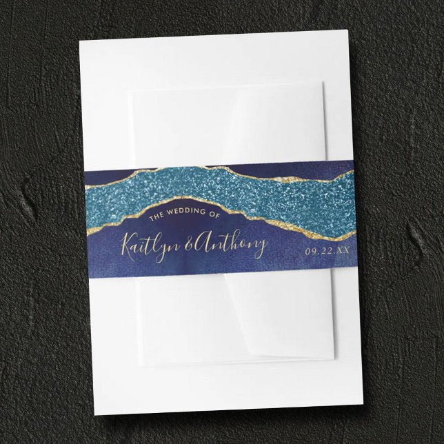 Elegante Navy Blue & Gold Agate Hochzeitseinladung Einladungsbanderole (Von Creator hochgeladen)