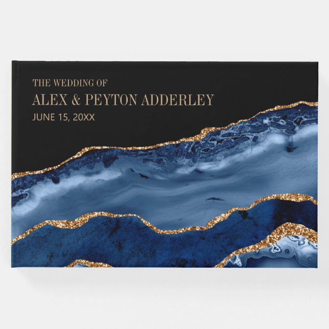 Elegante Navy Blue Gold Black Marble Wedding Gästebuch (Vorderseite)
