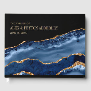 Elegante Navy Blue Gold Black Marble Wedding Gästebuch