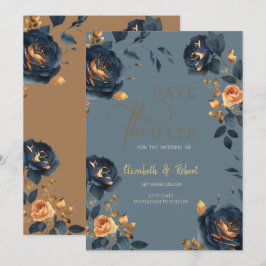 Elegante Navy Blue Gold Blume Save the Date