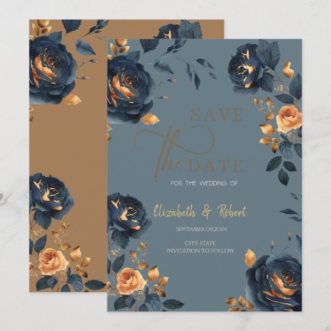 Elegante Navy Blue Gold Blume Save the Date (Vorne/Hinten)