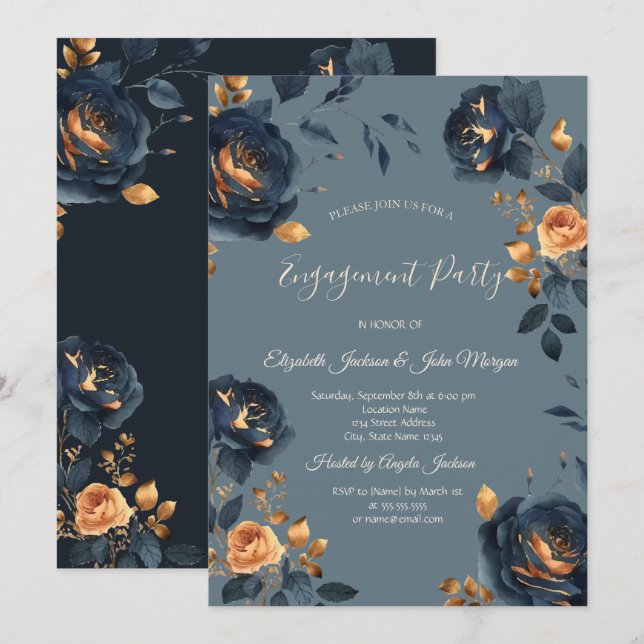 Elegante Navy Blue Gold Blume Verlobung Einladung (Vorne/Hinten)