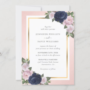 Elegante Navy Blue Gold Blush Pink Floral Wedding Einladung