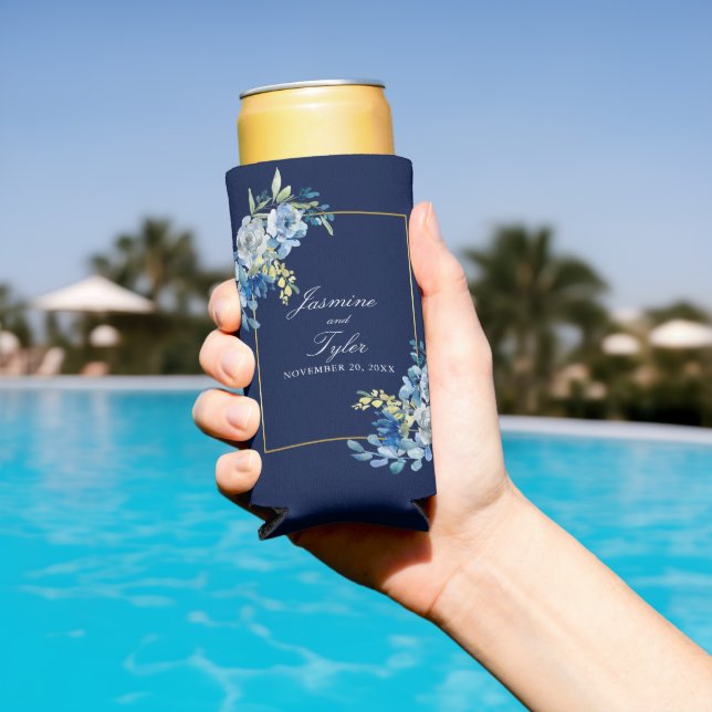 Elegante Navy Blue Gold Floral Custom Wedding Selters Dosenkühler (In Situ Pool)