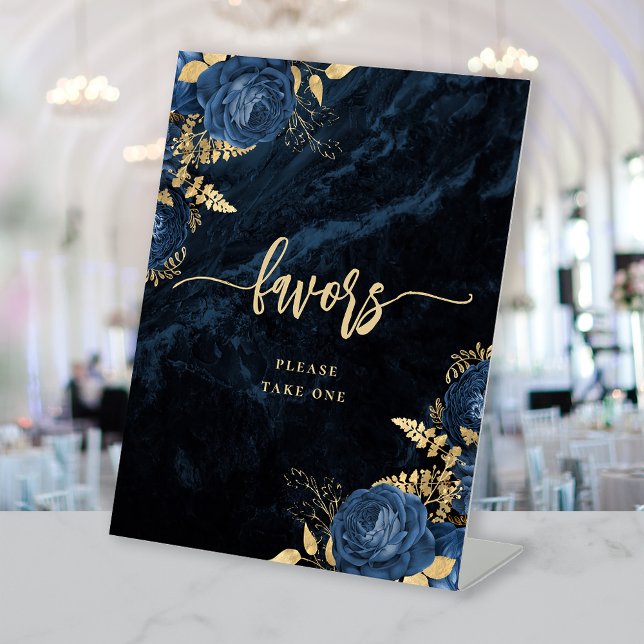 Elegante Navy Blue Gold Floral Gastgeschenke Hochz Sockelschild (Von Creator hochgeladen)
