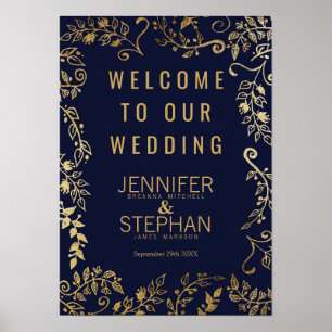 Elegante Navy Blue Gold Floral Willkommen Poster