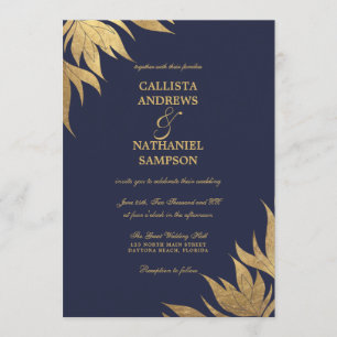 Elegante Navy Blue Gold Foil Foliage Blätter Hochz Einladung