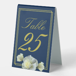 Elegante Navy Blue Gold Frame White Rose Tischaufsteller