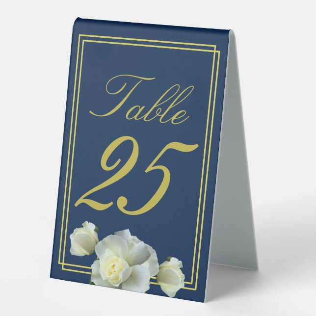 Elegante Navy Blue Gold Frame White Rose Tischaufsteller (Vorderseite)