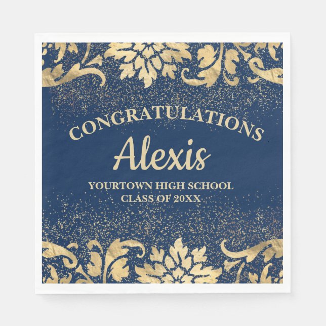 Elegante Navy Blue Gold Glitzer Graduation Party Serviette (Vorderseite)