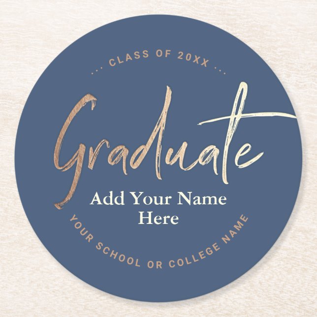 Elegante Navy Blue Gold Graduation Party Runder Pappuntersetzer (Vorderseite)