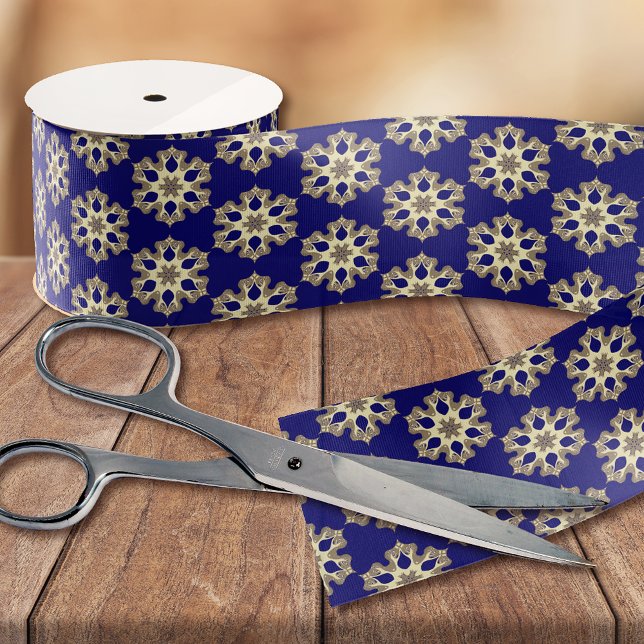 Elegante Navy Blue & Gold Klasse Chic Blumendruck Ripsband (Von Creator hochgeladen)