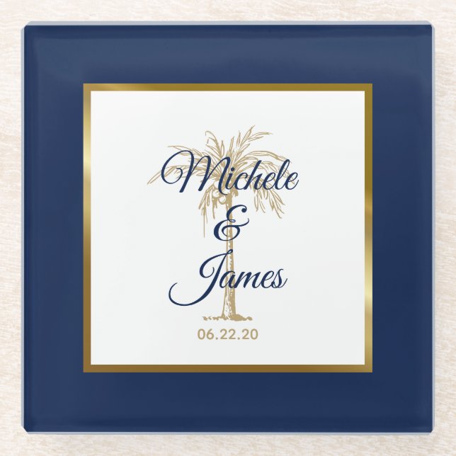 Elegante Navy Blue Gold Palm Tree Moderne Hochzeit Glasuntersetzer (Vorderseite)