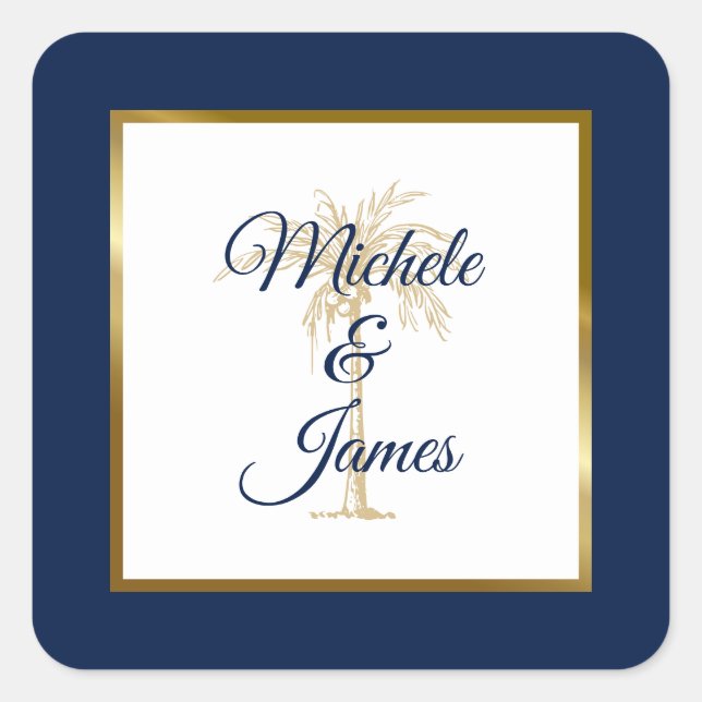 Elegante Navy Blue Gold Palm Tree Moderne Hochzeit Quadratischer Aufkleber (Vorderseite)