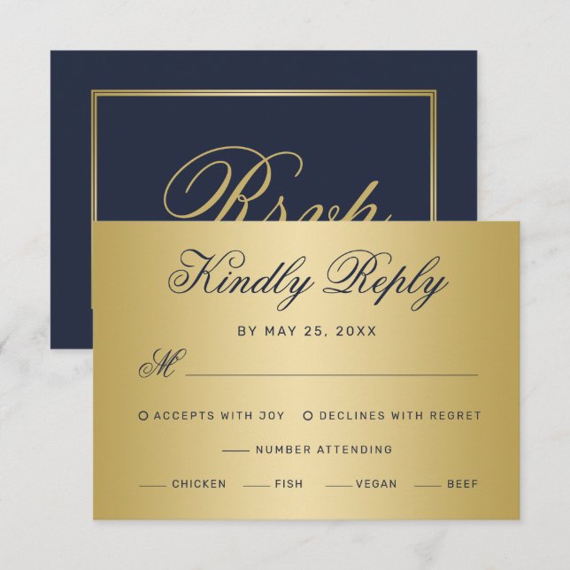 Elegante Navy Blue Gold Script Wahl Hochzeit RSVP Karte (Vorne/Hinten)