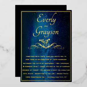 Elegante Navy Blue & Gold Wedding Fairy Lights Folieneinladung