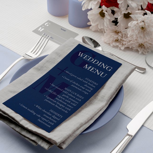 Elegante Navy Blue Gray Typografy Wedding Menu Menükarte (Von Creator hochgeladen)