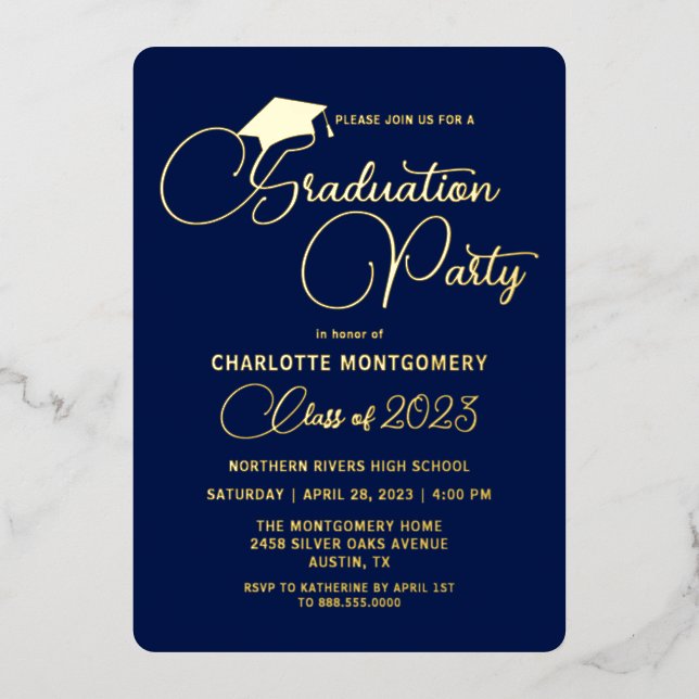 Elegante Navy Blue Moderner Abschluss Einladung (Vorderseite)