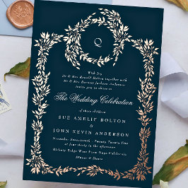 Elegante Navy Blue Monogram Rose Gold Wappen Hochz Folieneinladung