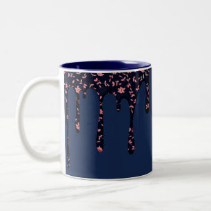 Elegante Navy Blue Paint Tropfen Floral Pink Blume Zweifarbige Tasse