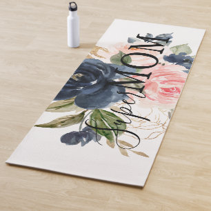 Elegante Navy Blue Pink Blush Floral Super Mama Yogamatte