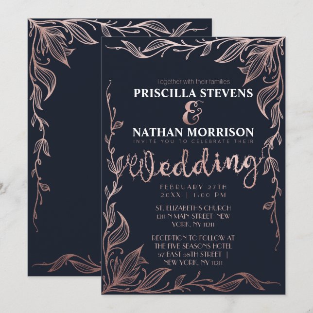 Elegante Navy Blue Rose Gold Blumenstrauß Einladung (Vorne/Hinten)