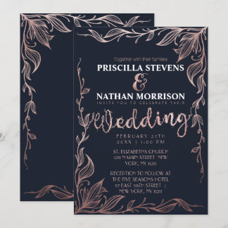 Elegante Navy Blue Rose Gold Blumenstrauß Einladung