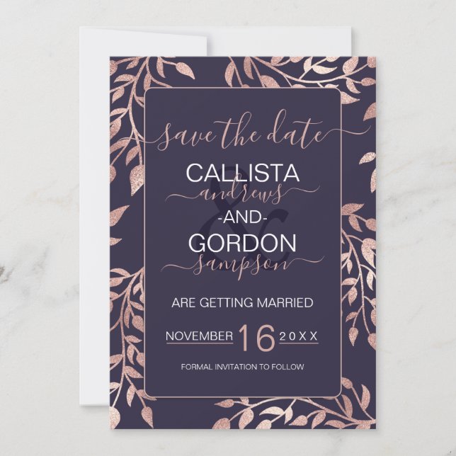 Elegante Navy Blue Rose Gold Floral Blätter Hochze Save The Date (Vorderseite)