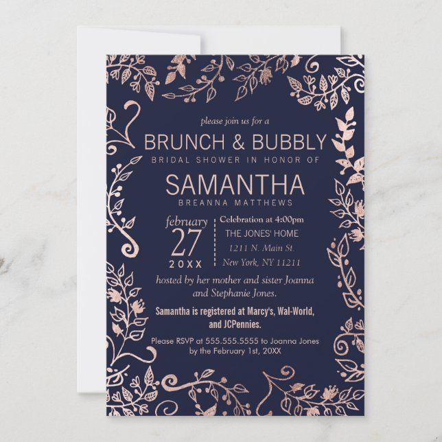 Elegante Navy Blue Rose Gold Floral Brunch Bubbly Einladung (Vorderseite)