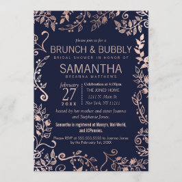 Elegante Navy Blue Rose Gold Floral Brunch Bubbly Einladung