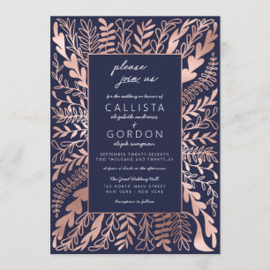 Elegante Navy Blue Rose Gold Floral Leaf Hochzeit Einladung