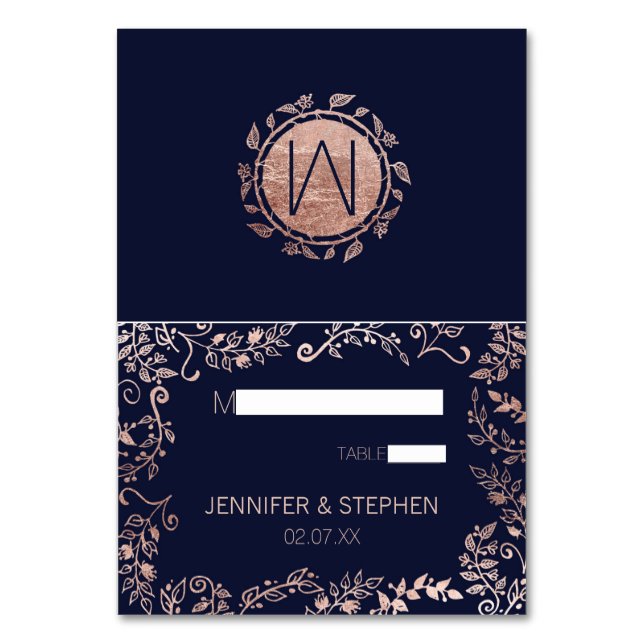 Elegante Navy Blue Rose Gold Floral Name Platzkart Tischnummer (Vorderseite)