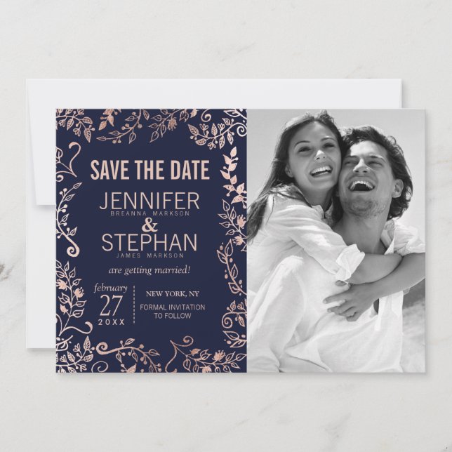 Elegante Navy Blue Rose Gold Floral Save the Dates Date (Vorderseite)