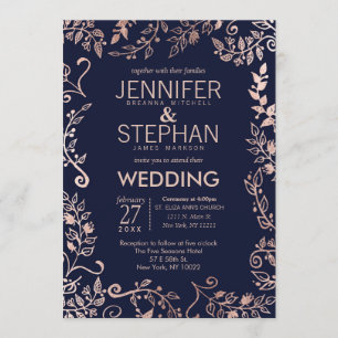 Elegante Navy Blue Rose Gold Floral Wedding Einlad Einladung