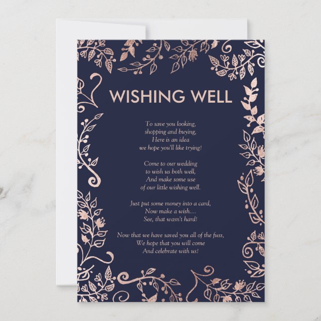 Elegante Navy Blue Rose Gold Floral Wünschen Gut Einladung (Vorderseite)