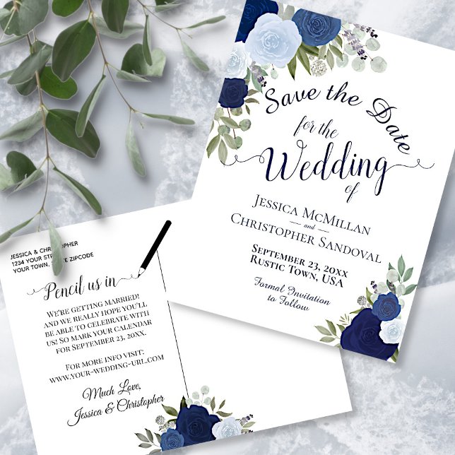 Elegante Navy & Blue Rose Hochzeit speichern das D Ankündigungspostkarte (Von Creator hochgeladen)