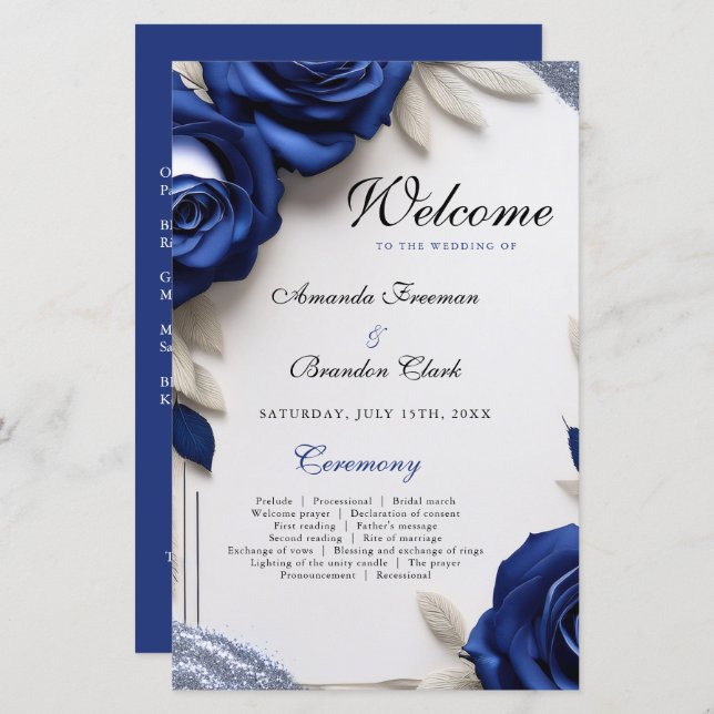 Elegante Navy Blue Rose & Silver Glitzer Hochzeit (Vorne/Hinten)