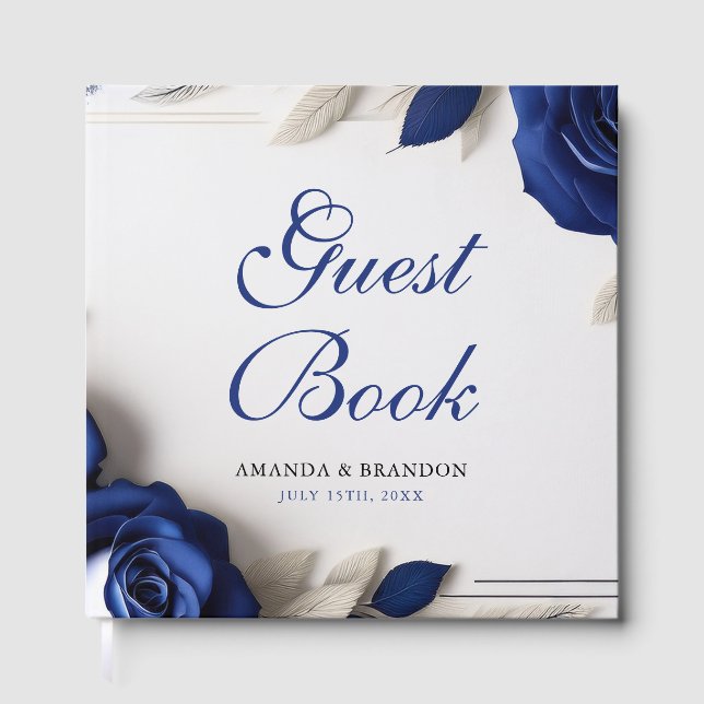 Elegante Navy Blue Rose & Silver Glitzer Hochzeit Gästebuch (Vorderseite)