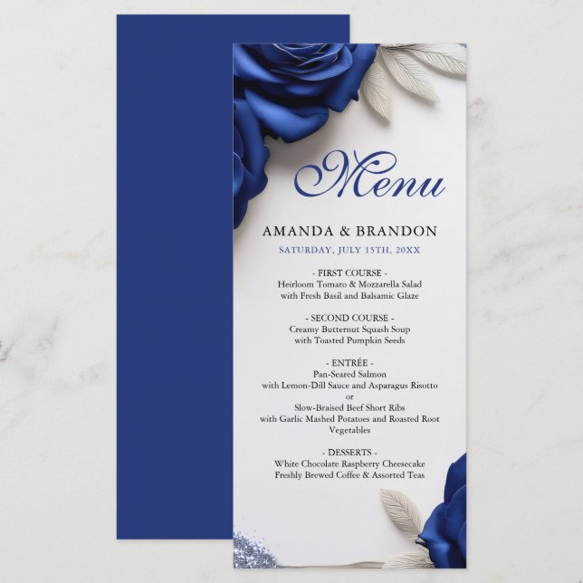 Elegante Navy Blue Rose & Silver Glitzer Hochzeit Menükarte (Vorne/Hinten)