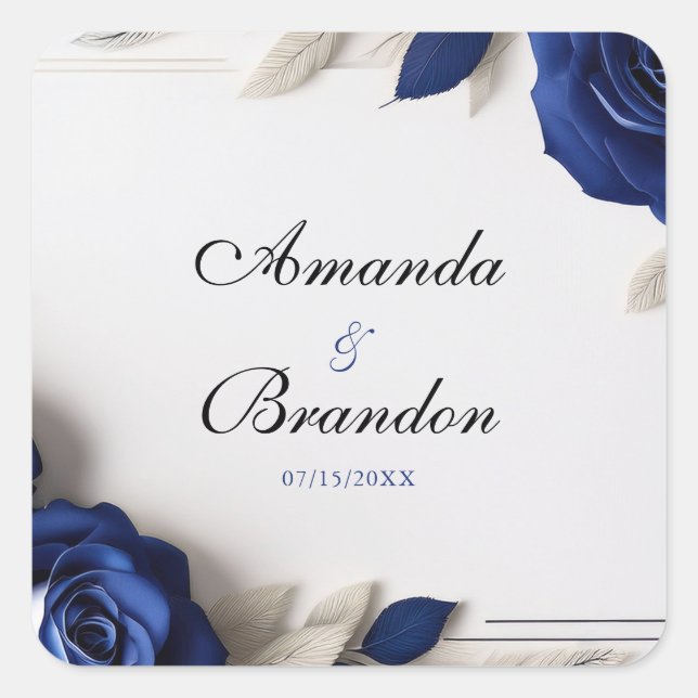 Elegante Navy Blue Rose & Silver Glitzer Hochzeit Quadratischer Aufkleber (Vorderseite)