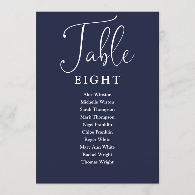 Elegante Navy Blue Seating Chart Tischnummer (Vorderseite)