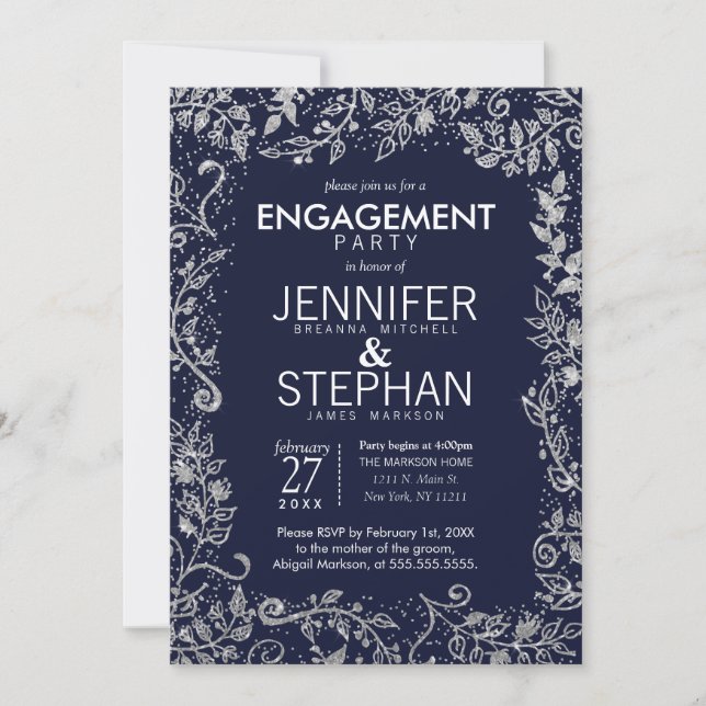 Elegante Navy Blue Silver Floral Glitzer Verlobung Einladung (Vorderseite)
