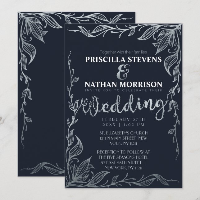 Elegante Navy Blue Silver Gezeichnet Blumenzwiebel Einladung (Vorne/Hinten)