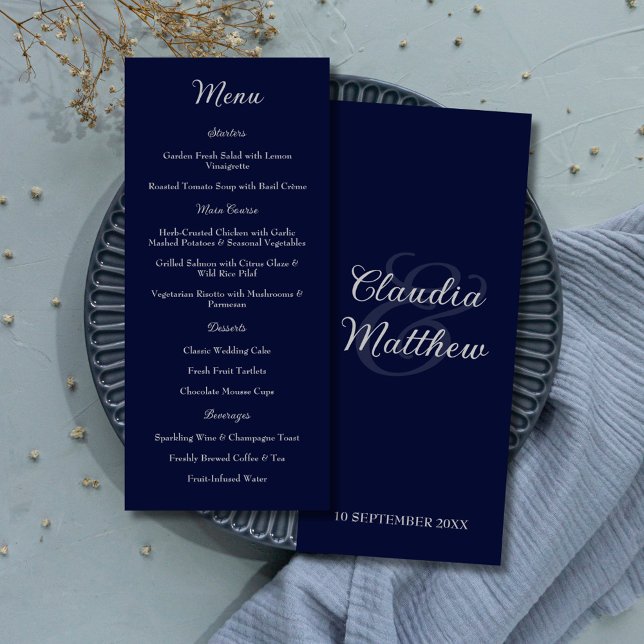 Elegante Navy Blue & Silver Script Wedding Menu Menükarte (Elegant Navy Blue & Silver Script Wedding Menu)