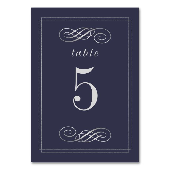 Elegante Navy Blue Silver Wedding Tischnummern (Vorderseite)