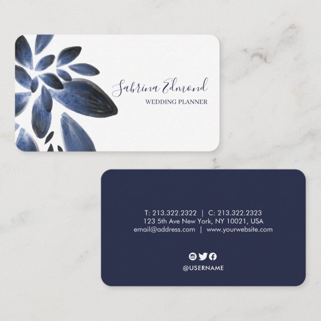 Elegante Navy Blue Succulent Foliage Signature Visitenkarte (Vorne/Hinten)